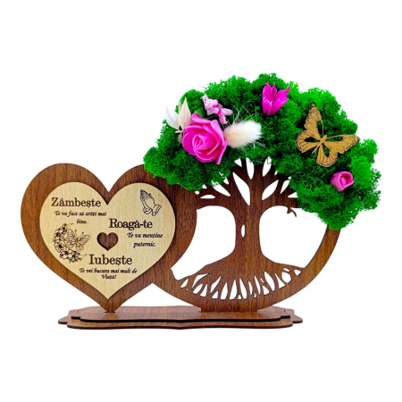 Cadouri Familie - Decoratiune inima copac cu licheni, cadou personalizat pentru Familie "Zambeste.."