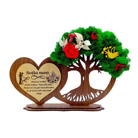 Cadouri pentru Nunta - Decoratiune inima copac cu licheni, cadou personalizat cu mesaj Familie/Prieteni/Mama/Sotie, 30x18 cm