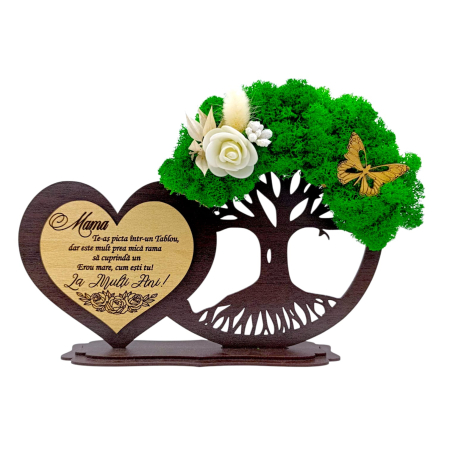 Cadouri Mama - Decoratiune inima copac cu licheni, cadou personalizat pentru Mama, wenge