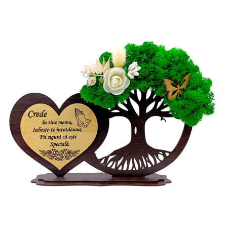 Cadouri Sotie - Decoratiune inima copac cu licheni personalizat pentru Sotie "Crede in tine...", wenge