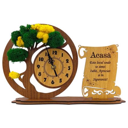Ceas stil Bonsai - Ceas bonsai cu licheni, personalizat pentru Familie "Acasa este locul...", nuc