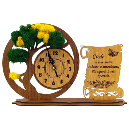 Ceas stil Bonsai - Ceas bonsai cu licheni, personalizat pentru Sotie "Crede in tine...", nuc