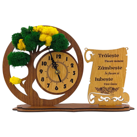 Ceas stil Bonsai - Ceas bonsai cu licheni, personalizat pentru Familie "Traieste...", nuc