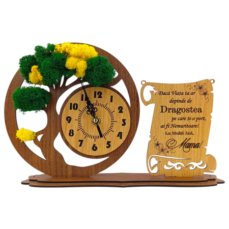 Ceas stil Bonsai - Ceas bonsai cu licheni, personalizat pentru Mama, nuc