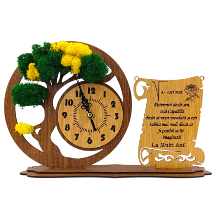 Ceas stil Bonsai - Ceas bonsai cu licheni, personalizat pentru Sotie "Tu esti mai...", nuc