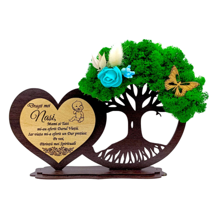 Cadouri pentru Botez - Decoratiune inima copac cu licheni, cadou personalizat pentru Botez Baiat, model 1