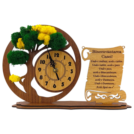 Ceas stil Bonsai - Ceas bonsai cu licheni, personalizat pentru Binecuvantarea Casei, nuc