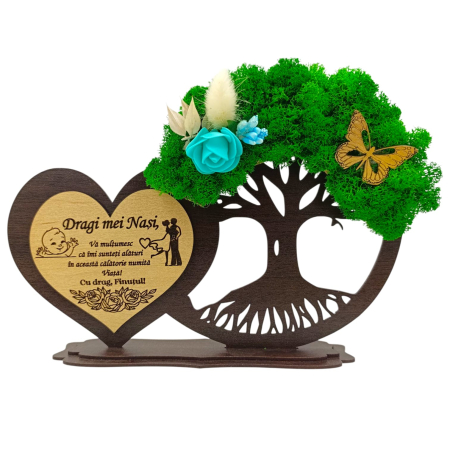 Cadouri pentru Botez - Decoratiune inima copac cu licheni, cadou personalizat pentru Botez Baiat, model 2