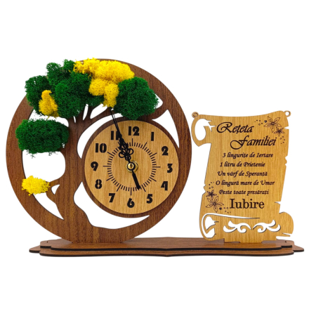 Ceas stil Bonsai - Ceas bonsai cu licheni, personalizat pentru Familie "Reteta...", nuc