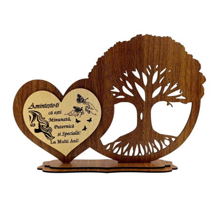 Cadouri Frate - Decoratiune blank din lemn pentru Familie/Prieteni/Sotie Inima si copacul vietii , 30x16 cm - Nuc