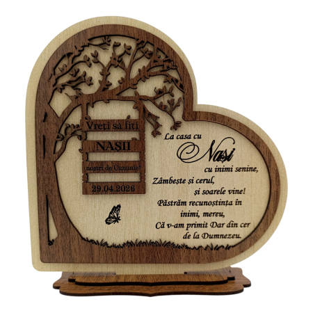 Cadouri Nasi - Decoratiune Inima din Lemn Personalizată – Cadou pentru Nași "La casa cu..."