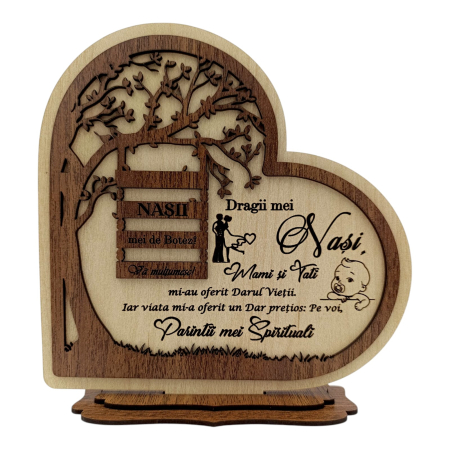 Cadouri Personalizabile - Decoratiune Inima din Lemn Personalizată – Cadou pentru Nași, Nuntă sau Botez, 22cm - Crem