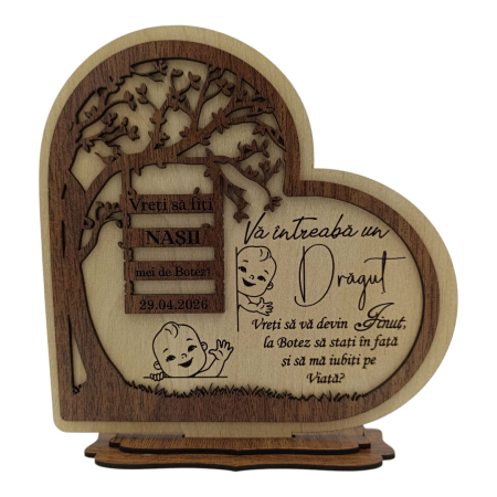 Cadouri Nasi - Inima din Lemn Personalizată – Cadou pentru Botez Finut, model 2