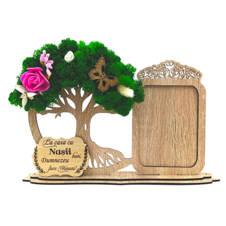 Ceas stil Bonsai - Decoratiune Rama foto si copacul vietii cu licheni si mesaj pentru Nasi/Fini/Botez/Nunta, cadou personalizat – 30x18 cm