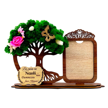 Cadouri Fina - Decoratiune Rama foto si copacul vietii cu licheni si mesaj pentru Nasi/Fini/Botez/Nunta, cadou personalizat – 30x18 cm - Nuc