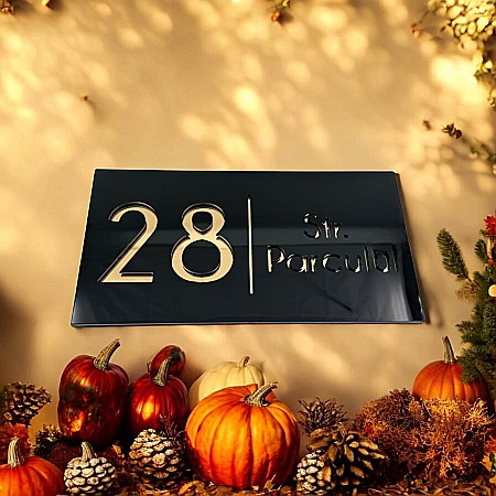 Numere Adresa - Plexiglass - Numar Casa personalizabil, placheta numar si strada negru lucios si auriu oglinda 25x15cm