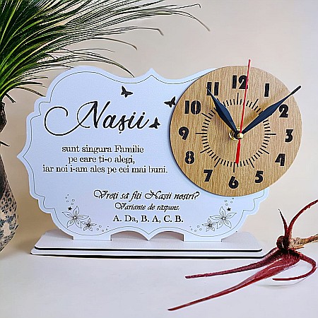 Cadouri Personalizabile - Tablou cu ceas personalizat cu mesaj standard pentru Nasi, "Nasii sunt singura Familie...", dimensiune 30x20cm, cadran maro