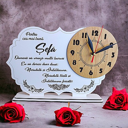 Cadouri Personalizabile - Tablou ceas personalizat cu mesaj standard pentru Sefa, dimensiune 30x20cm, cadran maro , model 2
