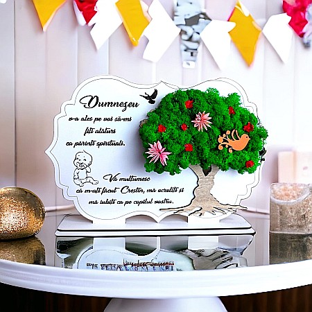 Cadouri Personalizabile - Tablou copac cu licheni stabilizati, personalizat cu mesaj standard, cadou pentru nasii de botez, dimensiune 30x20cm