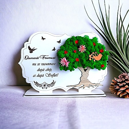 Decoratiuni cu Licheni - Tablou copac cu licheni stabilizati, personalizat cu mesaj standard, cadou pentru persoane speciale, dimensiune 30x20cm, verde