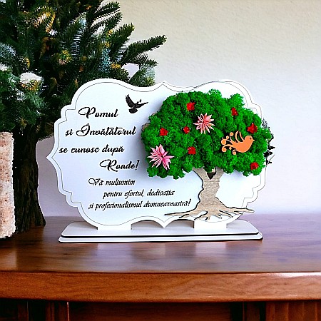 Cadouri Personalizabile - Tablou copac cu licheni stabilizati, personalizat cu mesaj standard, cadou pentru învatator, învatatoare, dimensiune 30x20cm, verde