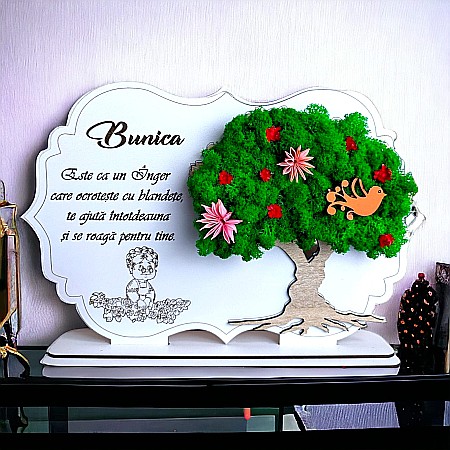 Cadouri Personalizabile - Tablou copac cu licheni stabilizati, personalizat cu mesaj standard, cadou pentru Bunica, dimensiune 30x20cm, verde