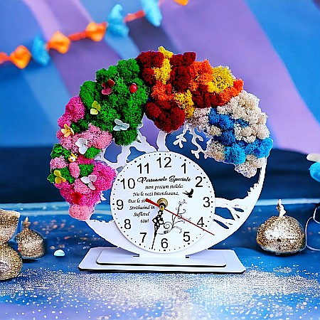 Ceasuri de Birou - Ceas decorativ copacul vietii, cadou personalizat cu mesaj standard pentru Persoanele Speciale, decorat cu licheni stabilizati si flori decorative naturale, alb, 25cm