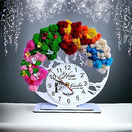 Ceasuri de Birou - Ceas decorativ copacul vietii, personalizat cu mesaj standard pentru Nasi, decorat cu licheni stabilizati si flori decorative naturale, alb, 25cm
