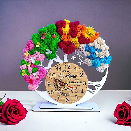 Ceas decorativ copacul vietii, personalizat cu mesaj standard pentru Mama, decorat cu licheni stabilizati si flori decorative naturale, alb, 25cm [1]