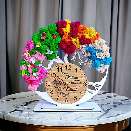 Ceas decorativ copacul vietii, personalizat cu mesaj standard pentru Matusa, decorat cu licheni stabilizati si flori decorative naturale, alb, 25cm [1]