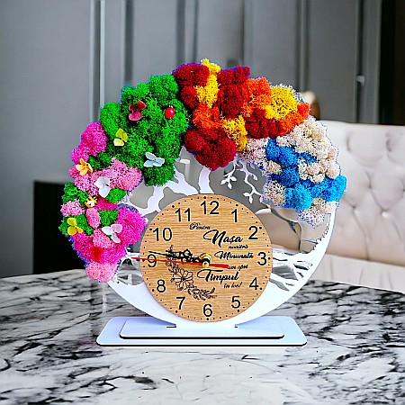 Ceas decorativ copacul vietii, personalizat cu mesaj standard pentru Nasa, decorat cu licheni stabilizati si flori decorative naturale, alb, 25cm [1]