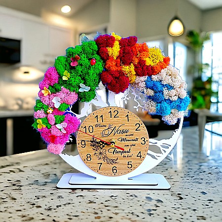 Ceas decorativ copacul vietii, personalizat cu mesaj standard pentru Nasi, decorat cu licheni stabilizati si flori decorative naturale, alb, 25cm [1]