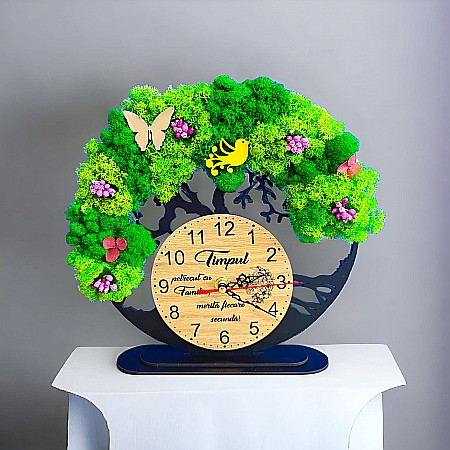 Ceas decorativ copacul vietii, personalizat cu mesaj standard "Zambeste, Roaga-te, Iubeste" decorat cu licheni stabilizati si flori decorative naturale, negru, 25cm [2]