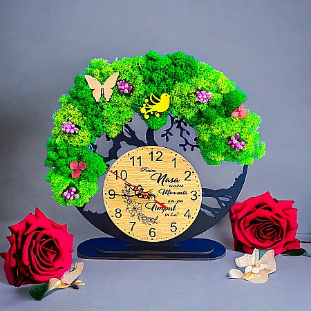 Ceas decorativ copacul vietii, personalizat cu mesaj standard pentru Nasa, decorat cu licheni stabilizati si flori decorative naturale, negru, 25cm [1]