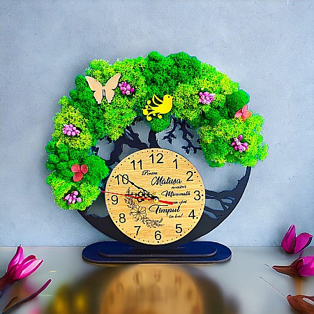 Ceas decorativ copacul vietii, personalizat cu mesaj standard pentru bunici, decorat cu licheni stabilizati si flori decorative naturale, negru, 25cm [1]