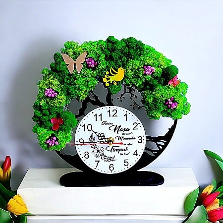 Ceas decorativ copacul vietii, personalizat cu mesaj standard pentru Nasa, decorat cu licheni stabilizati si flori decorative naturale, negru, 25cm