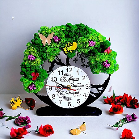 Ceas decorativ copacul vietii, personalizat cu mesaj standard pentru Mama, decorat cu licheni stabilizati si flori decorative naturale, negru, 25cm [1]