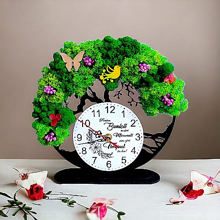 Ceasuri de Birou - Ceas decorativ copacul vietii, personalizat cu mesaj standard pentru bunici, decorat cu licheni stabilizati si flori decorative naturale, negru, 25cm
