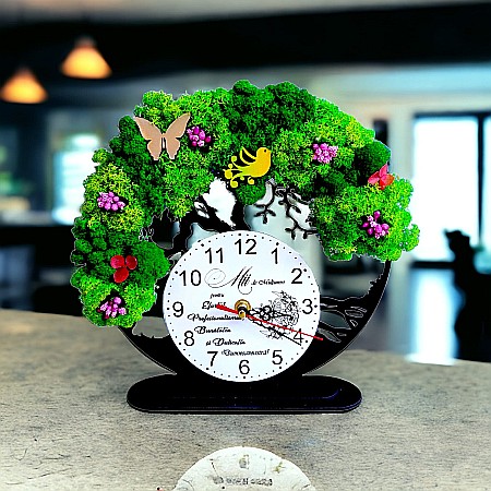 Ceasuri de Birou - Ceas decorativ copacul vietii, personalizat cu mesaj standard pentru profesor, învatator, doctor,"Mii de multumiri", decorat cu licheni stabilizati si flori decorative naturale, negru, 25cm
