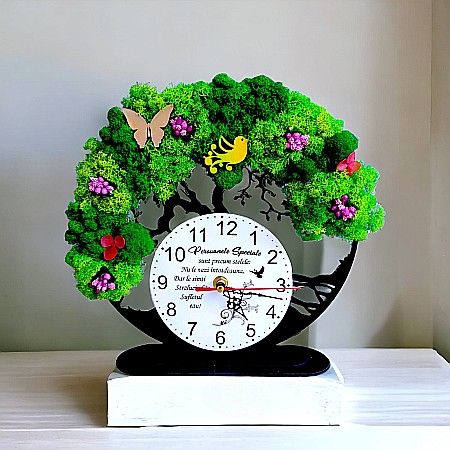 Ceasuri de Birou - Ceas decorativ copacul vietii, personalizat cu mesaj standard pentru Persoanele Speciale, decorat cu licheni stabilizati si flori decorative naturale, negru, 25cm