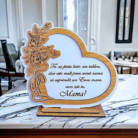 Cadouri Personalizabile - Decoratiune tablou inima personalizata cu mesaj standard, cadou, "Mama",baza cu suport din lemn, 22x20cm