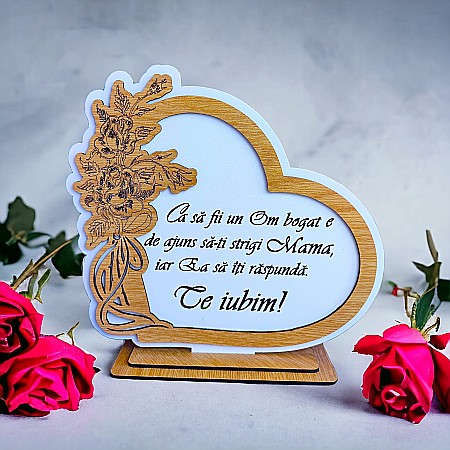 Cadouri Personalizabile - Decoratiune tablou inima personalizata cu mesaj standard, cadou pentru Mama, "Ca sa fii un om bogat...",baza cu suport din lemn, 22x20cm