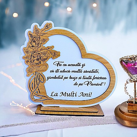Decoratiuni Ocazie - Decoratiune tablou inima personalizata cu mesaj standard, cadou pentru aniversare,baza cu suport din lemn, 22x20cm