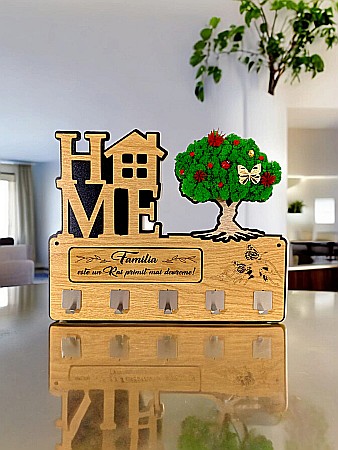Cadouri Personalizabile - Suport pentru chei, personalizat cu mesaj standard, decorat cu licheni stabilizati, cadou, "Familia este un Rai primit mai devreme!", decorat cu licheni stabilizati naturali, 38x30cm, Maro