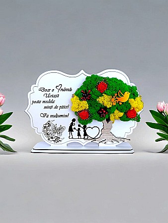 Decoratiuni cu Licheni - Tablou copac cu licheni stabilizati, personalizat cu mesaj standard, cadou pentru Educatoare, dimensiune 30x20cm