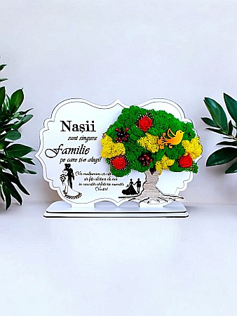 Decoratiuni cu Licheni - Tablou copac cu licheni stabilizati, personalizat cu mesaj standard, cadou pentru nasi, dimensiune 30x20cm