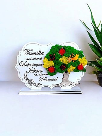 Decoratiuni cu Licheni - Tablou copac cu licheni stabilizati, personalizat cu mesaj standard, cadou pentru Familie, dimensiune 30x20cm