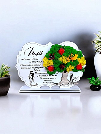 Decoratiuni cu Licheni - Tablou copac cu licheni stabilizati, personalizat cu mesaj standard, cadou pentru Nasi, dimensiune 30x20cm