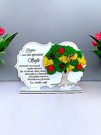 Decoratiuni cu Licheni - Tablou copac cu licheni stabilizati, personalizat cu mesaj standard, cadou pentru Sefa, dimensiune 30x20cm