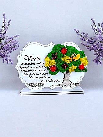 Decoratiuni cu Licheni - Tablou copac cu licheni stabilizati, personalizat cu mesaj standard, cadou pentru prieteni, familie, persoane speciale, dimensiune 30x20cm